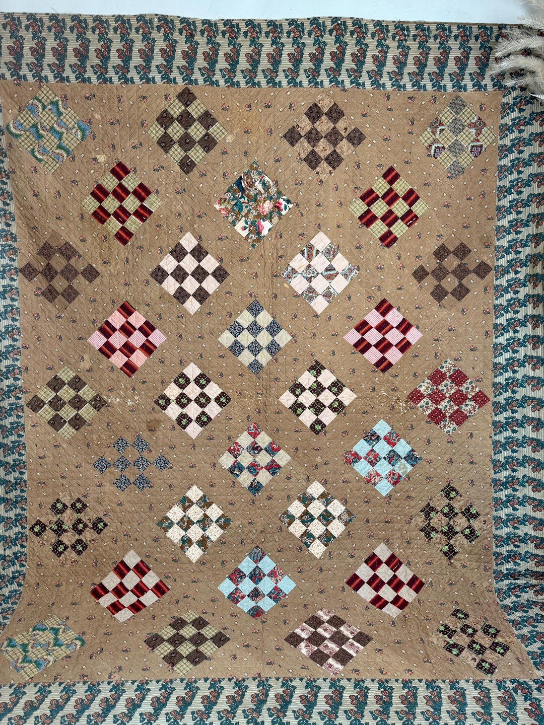 105x84 英語 更紗 パッチワーク キルト 18世紀 19世紀 布地 光沢加工