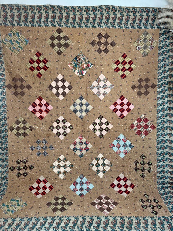 105x84 英語 更紗 パッチワーク キルト 18世紀 19世紀 布地 光沢加工