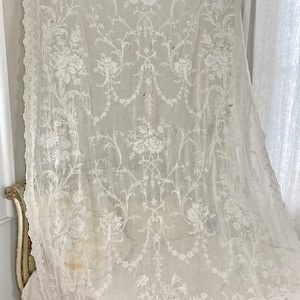 100X 54 LARGE  for repair Cornely Antique lace curtain drape chateau find white embroidery embroidered design sheet lawn muslin