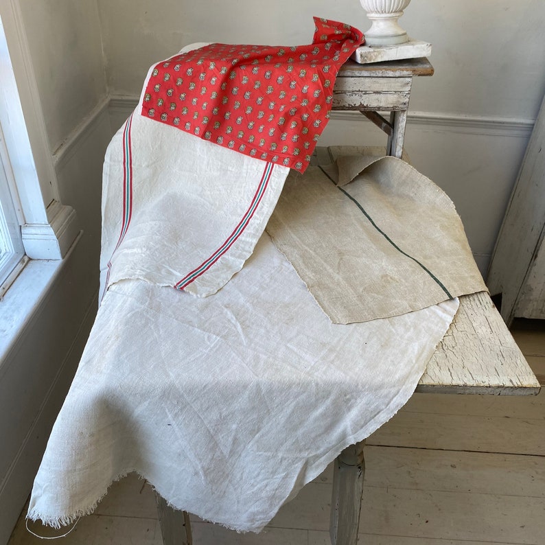 French printed fabric and antique linen Project Bundle for sewing projects material antique vintage cloth patchwork material