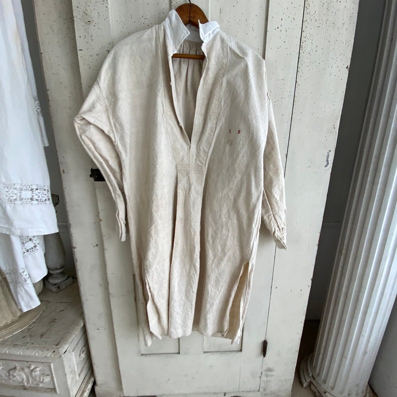 French Chemise LB Monogram Night Shirt Tunic French Linen White Hemp and Cotton Nightgown Work wear mid 1800s Workwear image 3