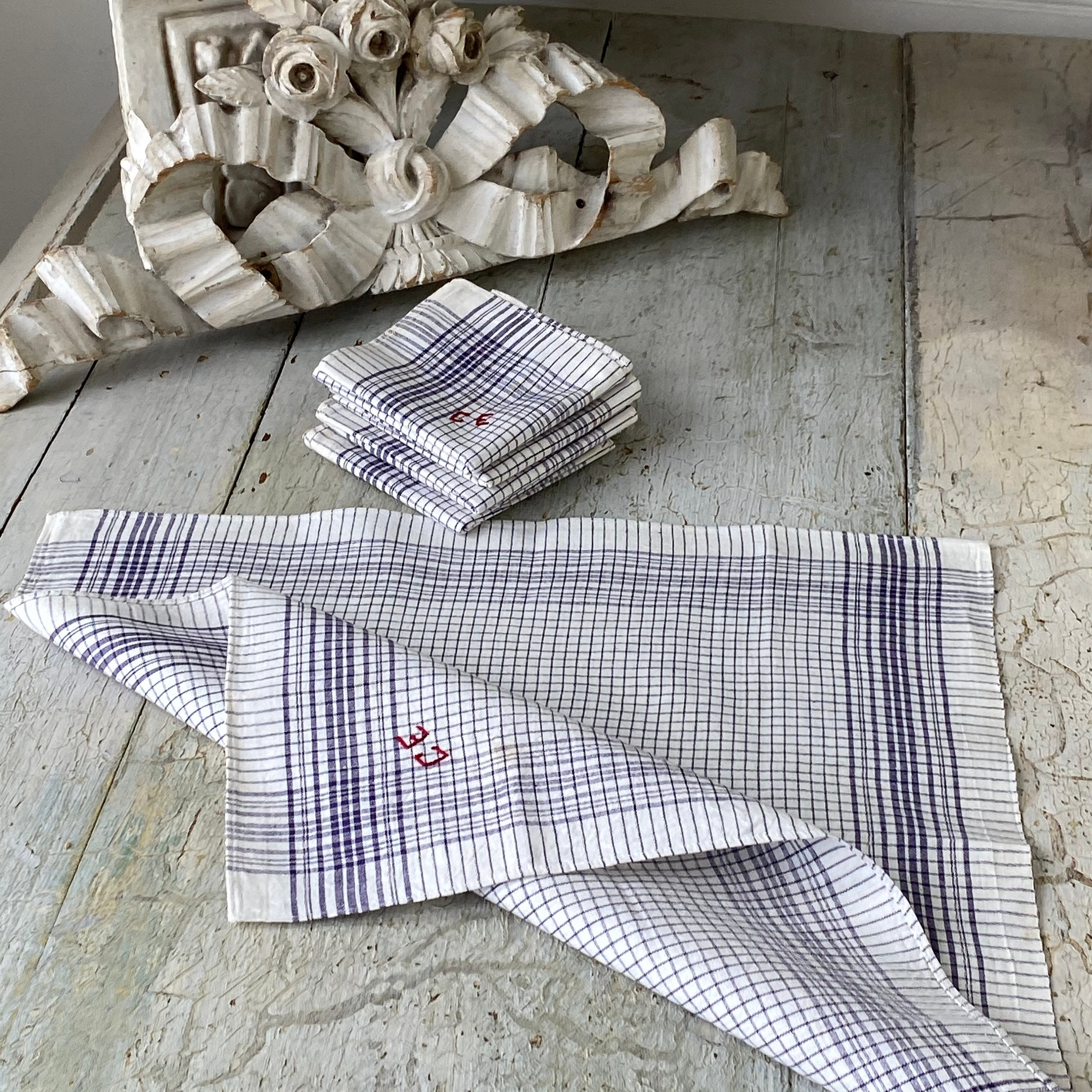 1 seul mouchoir français antique à carreaux violet bandana vintage serviette de table foulard textile tronc