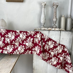 Vintage faded floral Red white fabric material from Valance FrenchUnique window treatment eco-friendly