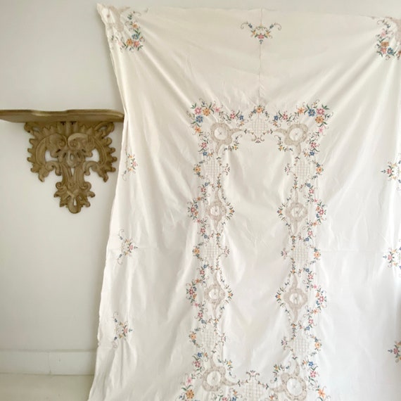 53×97cm ヴィンテージ フランス刺繍レース テーブルクロス コットン