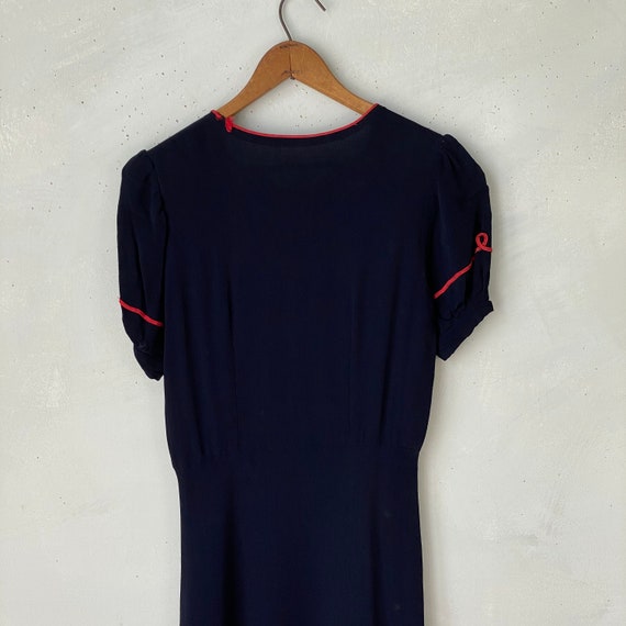 Charming Navy Rayon Women's Dress 1940s Red Accen… - image 4