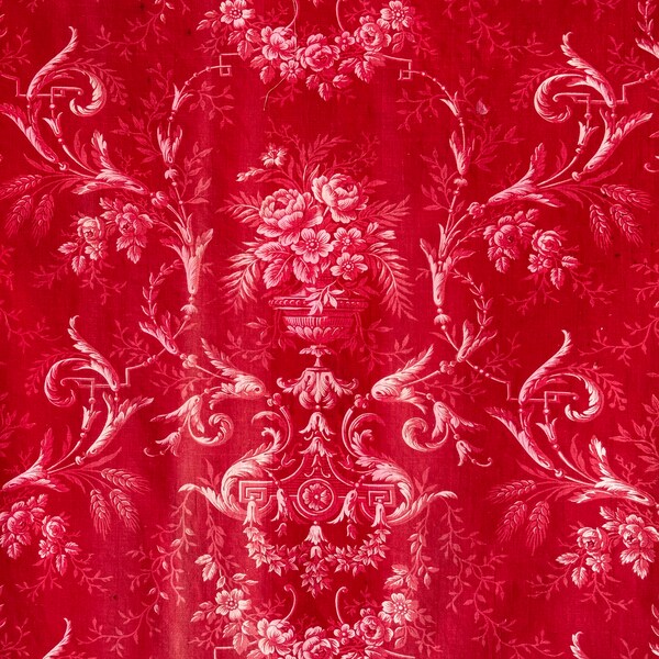 109x33 1870 Antique linen cotton fabric 1870 Red + gray Rococo style Classic French country design