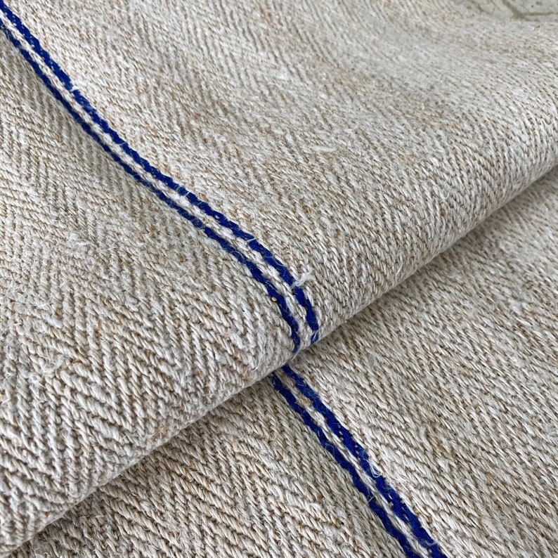 BLUE stripe greige ground Stair Runner Heavy Hemp Grain Sack Fabric by the yard Table runner image 7