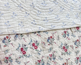 101x98 antique French quilt c1830 hand quilted chintz cotton D monogram reversible floral textile unique art cottagecore bedding king size