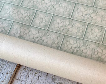 5.3 Papel tapiz 1900 francés antiguo patrón de bloques de piedra verde neutro revestimientos de paredes papel antiguo decoración del hogar shabby chic wabi sabi chateau