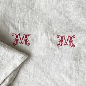 MM or WW monogram Antique French linen tablecloth rectangular  region GB monogram white 1800s  linen farmhouse table linens Textile Trunk