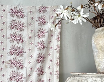 48x90 French Printed Cotton Fabric Early 1900’s Floral Stripe Shabby Home Decor Upholstery Curtain Fabric
