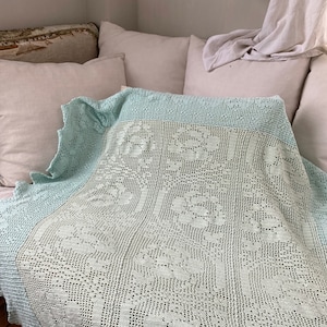 Pale Blue dyed Antique French crocheted textile Crochet bed cover curtain tablecloth farmhouse cottagecore cottageUnique window treatment