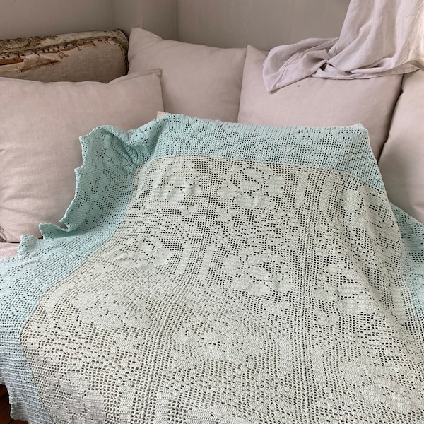 Pale Blue dyed Antique French crocheted textile Crochet bed cover curtain tablecloth farmhouse cottagecore cottageUnique window treatment
