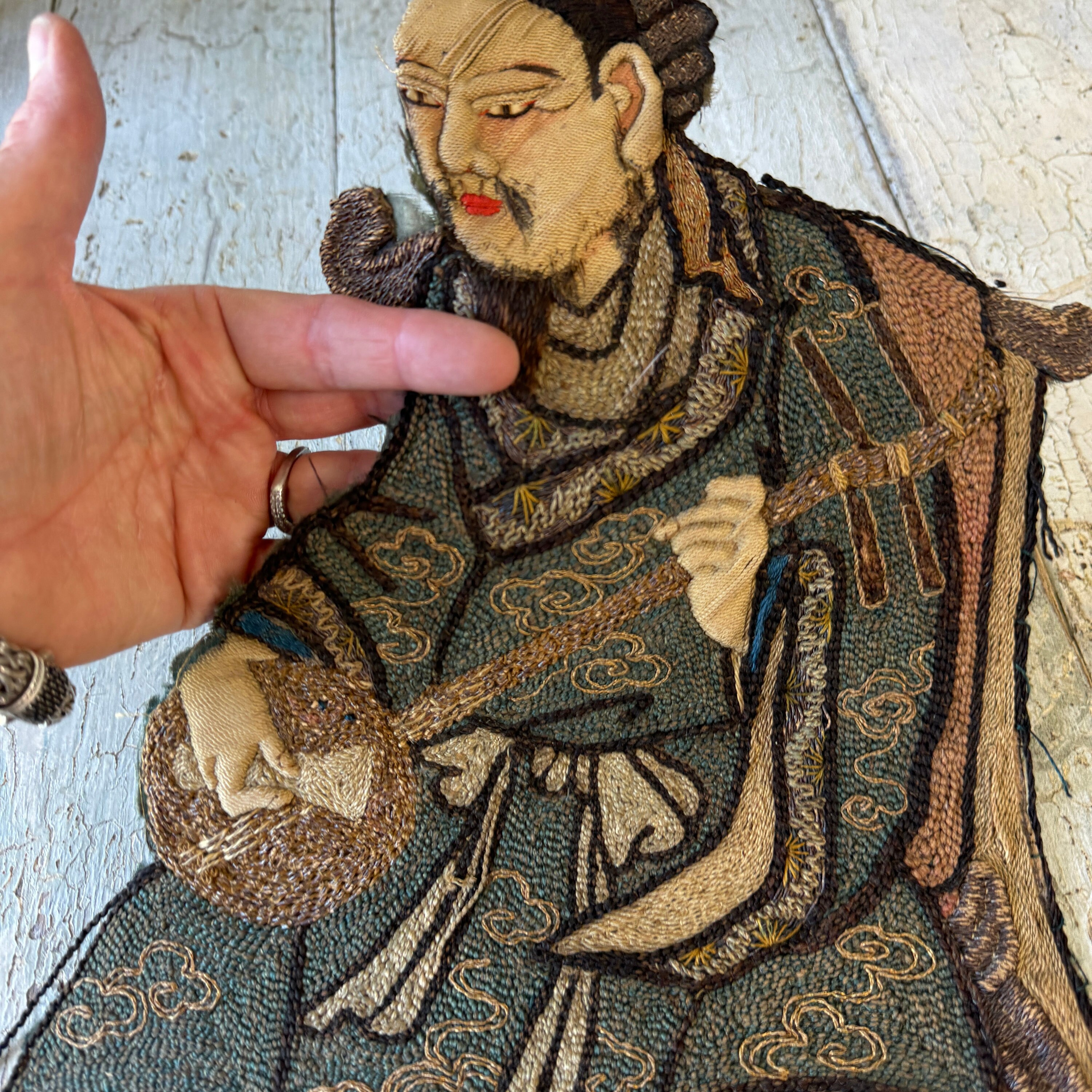 Embriodry Instruments RARE Japanese Meiji Period Embroidery Pieces Musician Characters Silk ...