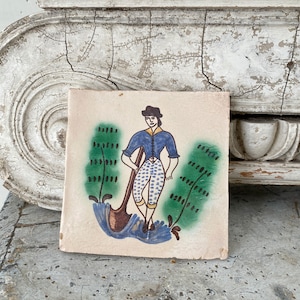 Antique Portuguese Tile 19th century handmade hand painted  Unique decorative eco-friendly