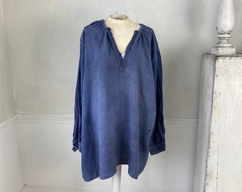 Large SOFT Antique artists  pieced SOFT  Blue French linen smock 19th century GORGEOUS faded indigo blue