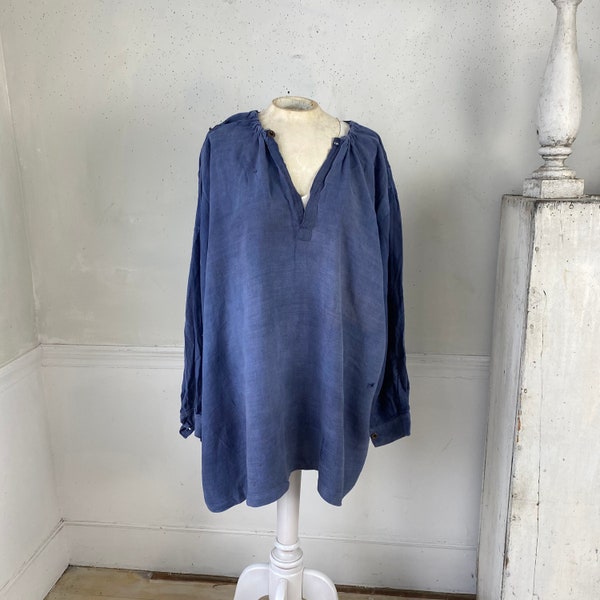 Large SOFT Antique artists  pieced SOFT  Blue French linen smock 19th century GORGEOUS faded indigo blue