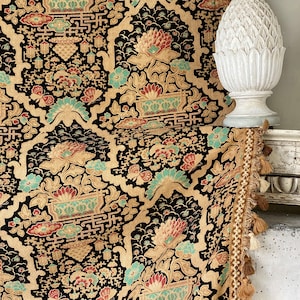 65 X 85 Curtain with Trim  Antique Black Chinoiserie 1880  French Curtain 1880 Historical Floral Cotton Gorgeous Print The Textile Trunk