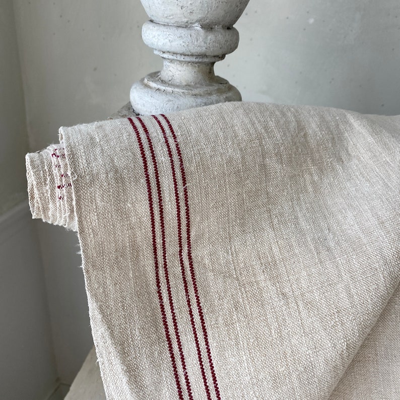 Upholstery fabric table runner 3.25 yards Antique homespun linen burgundy stripes homespun French country cottage styleThe textile Trunk image 8