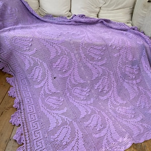 MASSIVE Purple dyed Antique French crocheted textile Crochet bed cover curtain tablecloth farmhouse cottagecore cottage eco-friendly