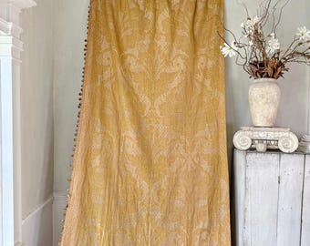 126x50 ( 2  available) French Art Deco Gold cotton mauve large scale  Damask Curtain Antique Pom Pom Trim Historic Textile Drapery European