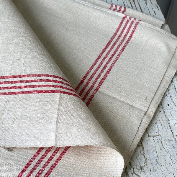1 Single Vintage French Dish Towel linen cotton towel red stripes 1900s farmhouse rustic country antique kitchen The Textile Trunk