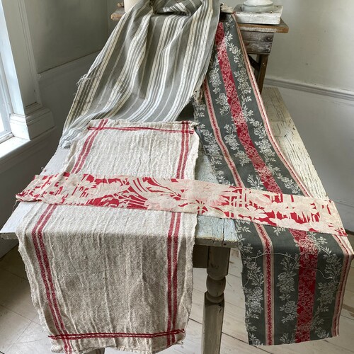 Vintage French Floral Fabric printed cotton striped grain sack linen cloth Project Bundle shops pack cuttings scraps pillow sewing projects lot
