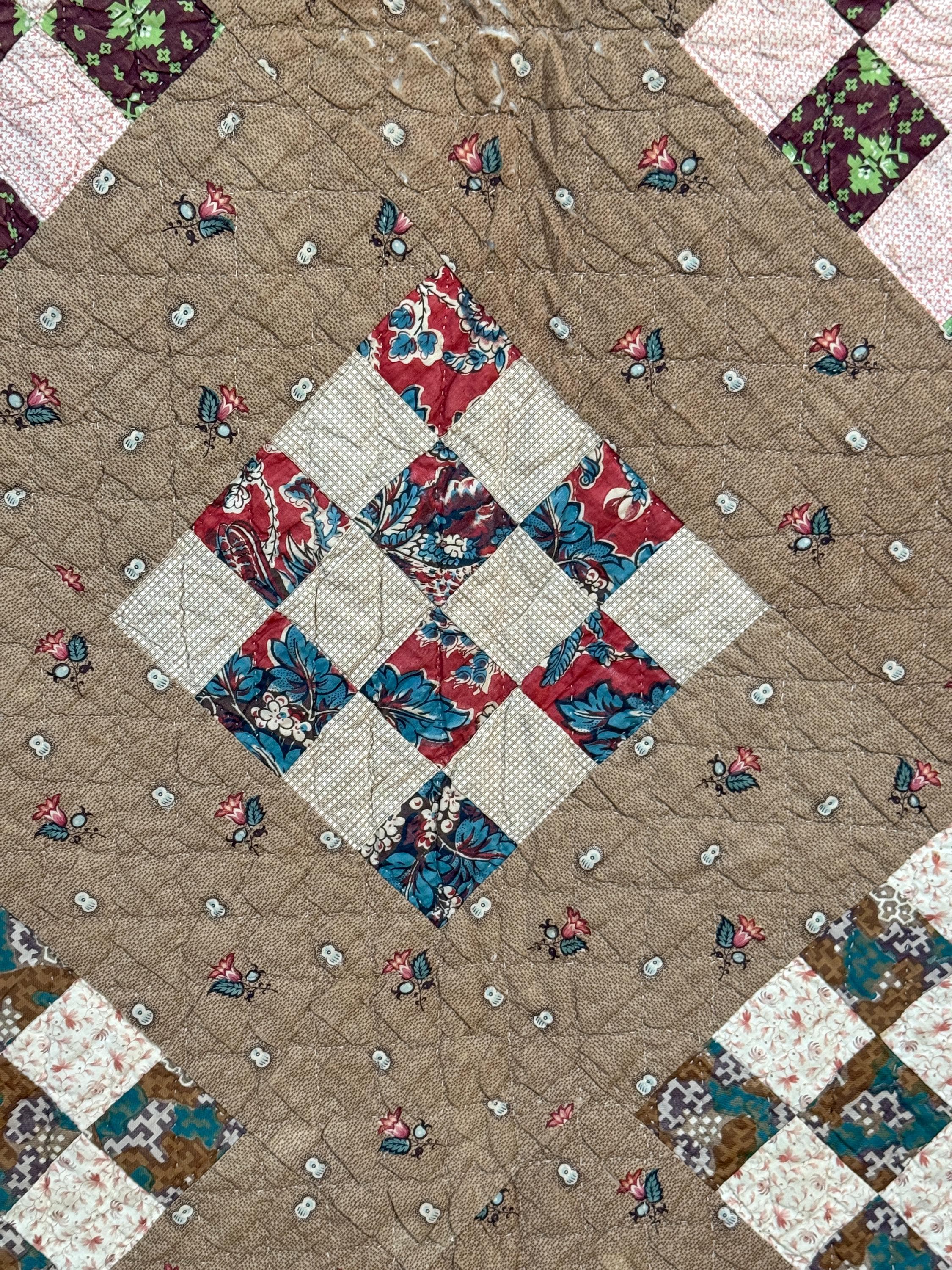 105x84 英語 更紗 パッチワーク キルト 18世紀 19世紀 布地 光沢加工