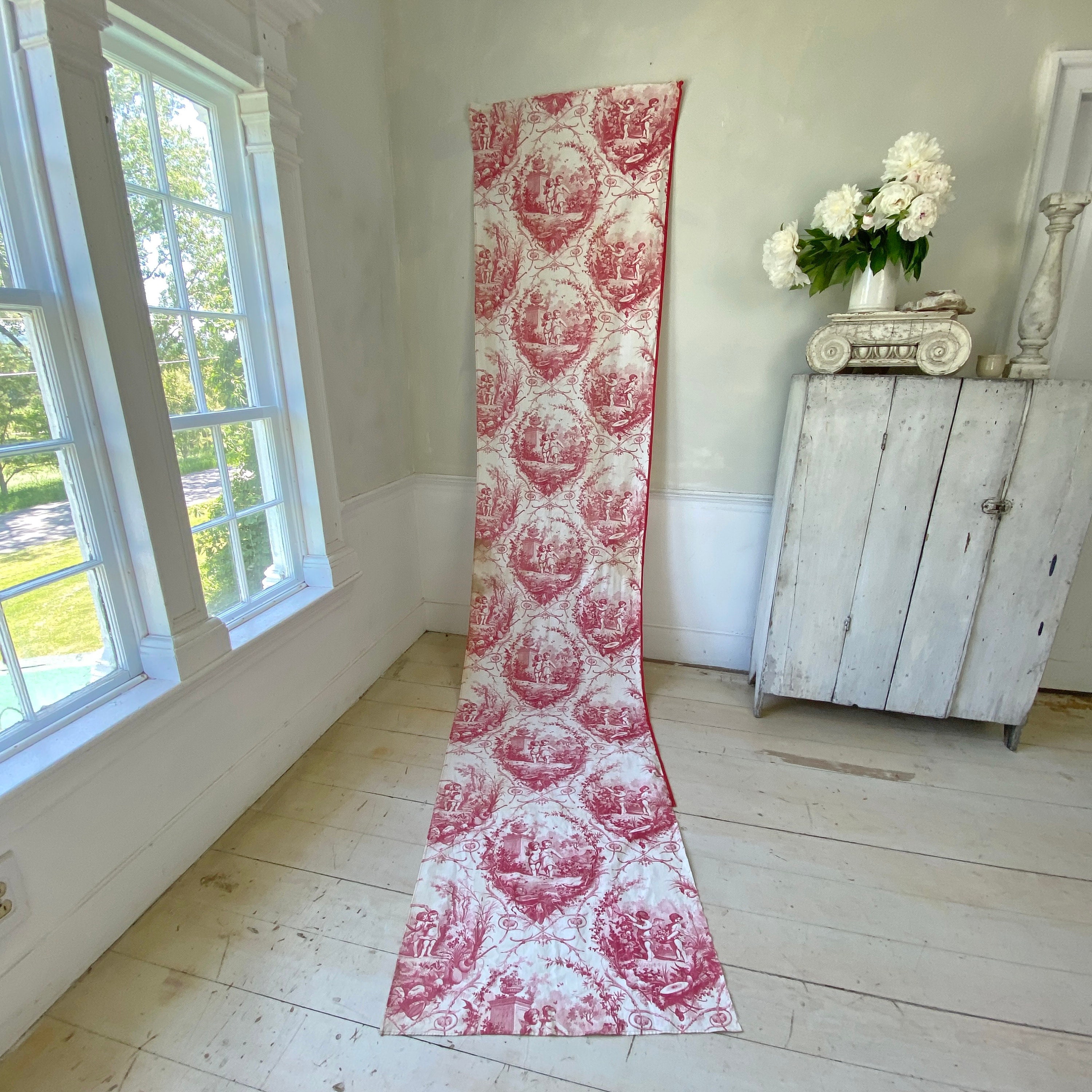 1900 Antique French Cupid Angels Red White Toile Fabric Material