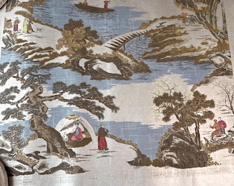 May include: A vintage Asian-inspired fabric panel featuring a serene landscape with a bridge, boat, and figures in traditional attire. The design incorporates gold, brown, blue, and white hues, creating a tranquil scene. The fabric is aged, with visible creases and the word "PANEL" printed on the bottom.