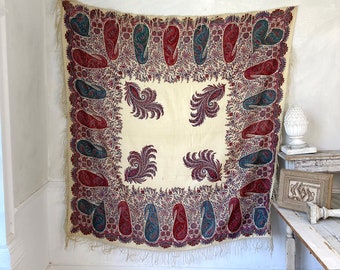 Paisley shawl 19th century antique wool textile paisley printed shawl textile Cream The Textile Trunk