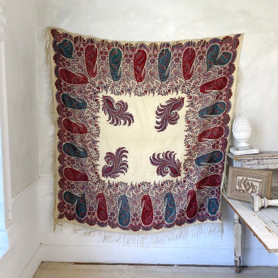 Paisley shawl 19th century antique wool textile paisley printed shawl textile Cream The Textile Trunk eco-friendly