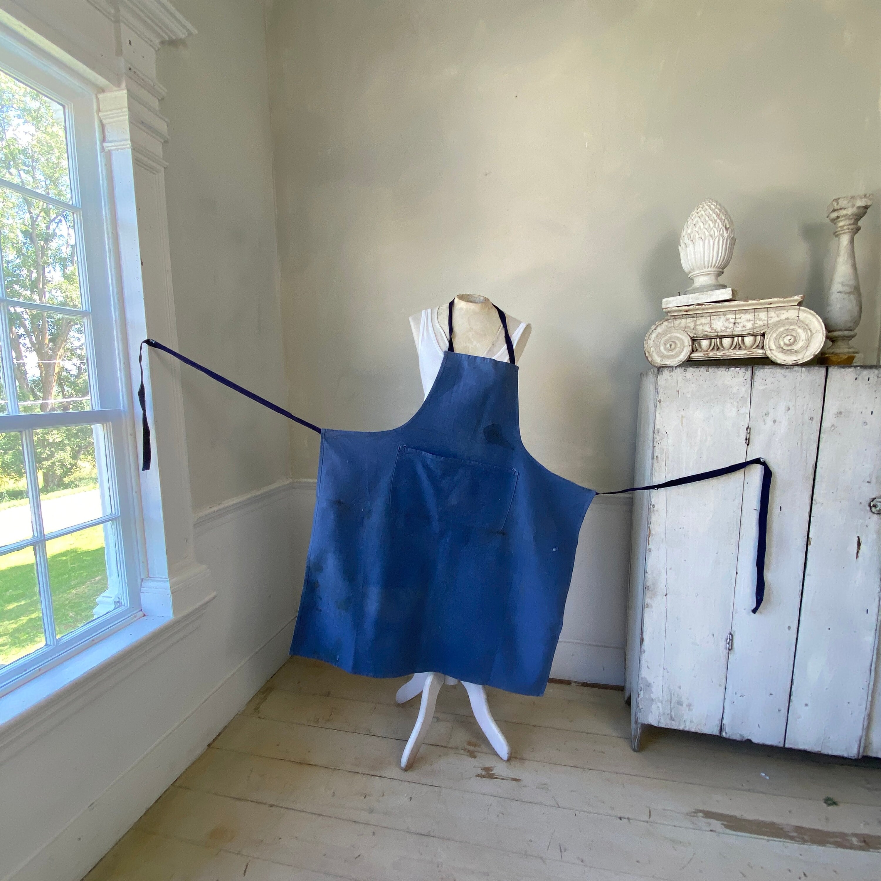 Vintage Apron French Faded Indigo Blue Cotton Denim Workwear