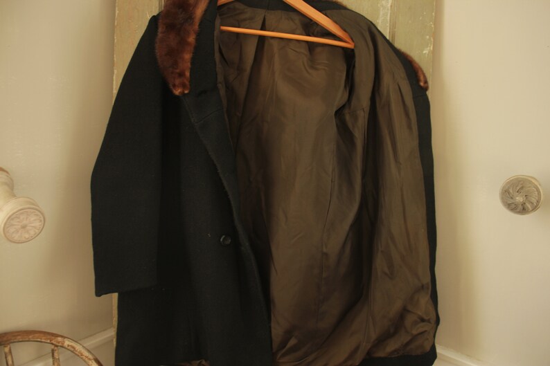 Antique French Mink Collared Black Wool coat 1940s Jacket with Silk Lining French Classic vintage clothing image 8