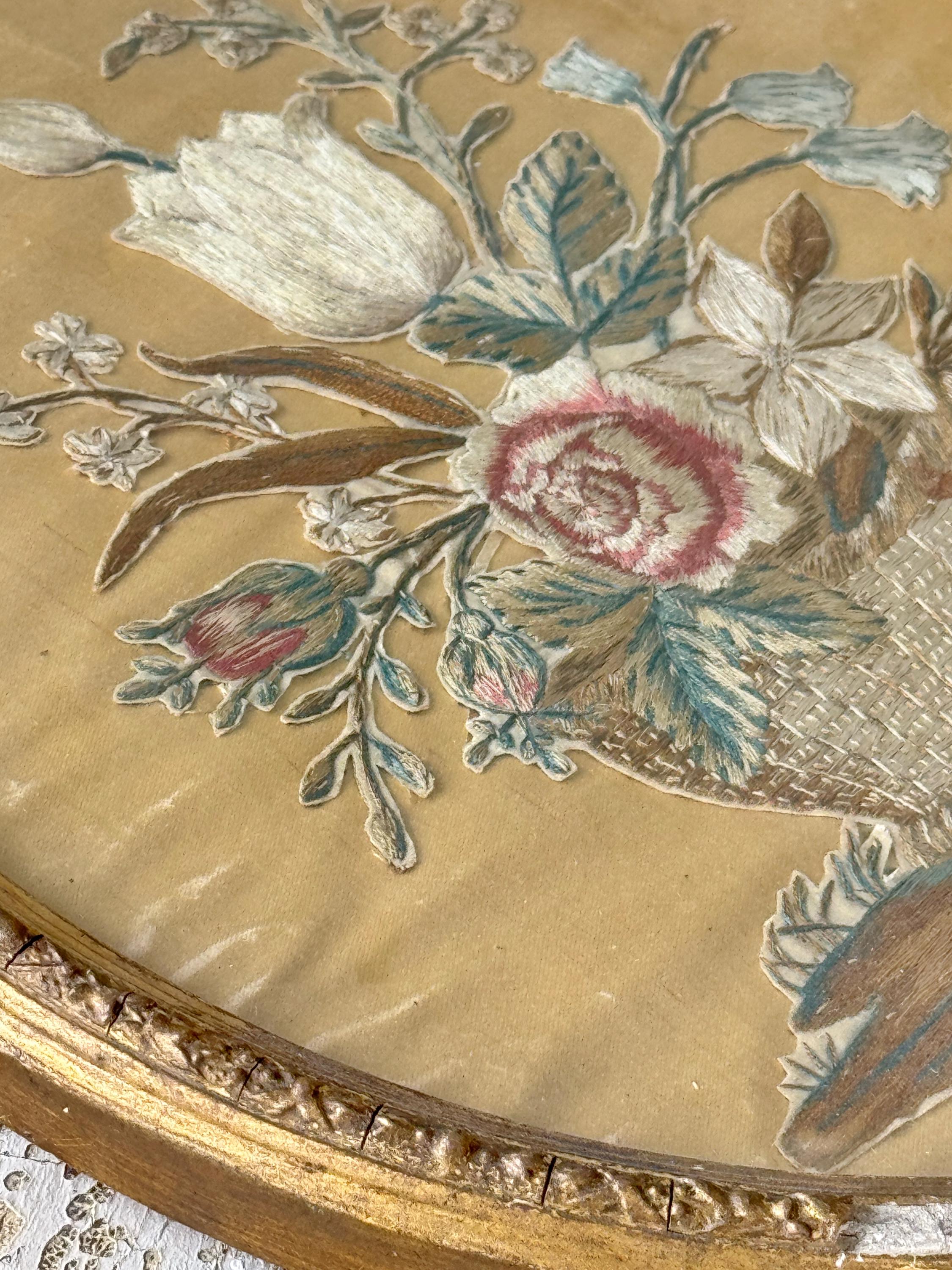 Antique French Framed Silkwork Silk Work Embroidery Floral Basket Gold ...