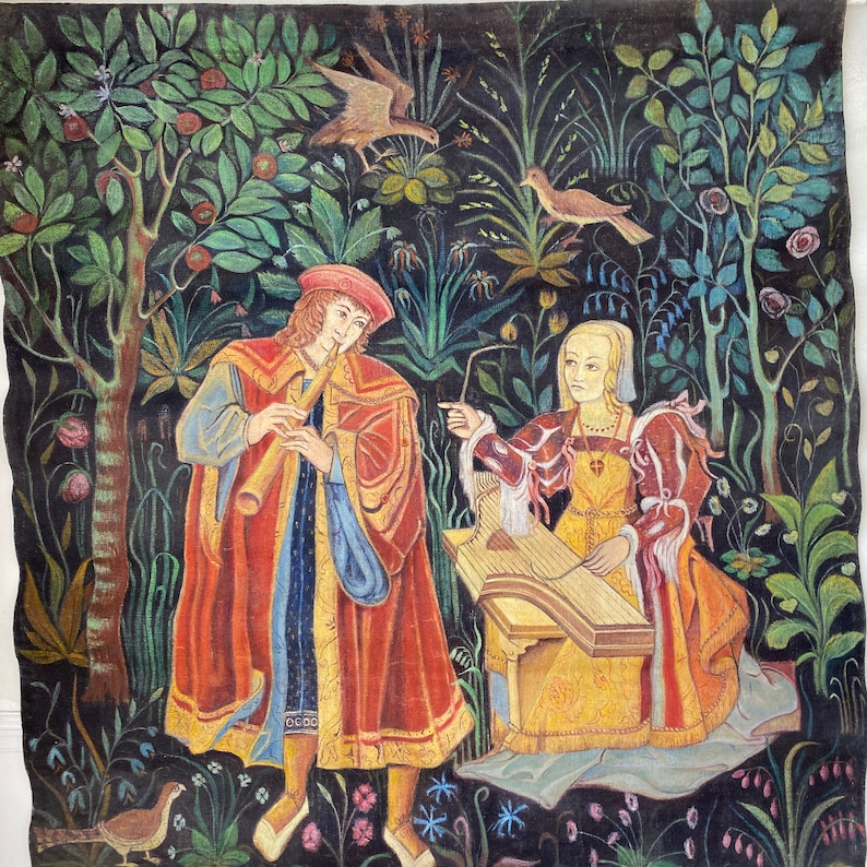 Tapestry Painting Antique Painted Wall Hanging French Textile Etsy