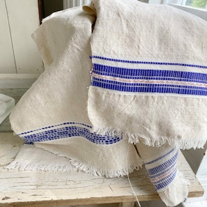 Mantel húngaro vintage de lino y algodón con rayas azules, regalo de granja de los años 30, ropa de cocina, baúl textil, hogar costero ecológico