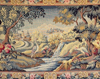 Gobelin francuski 5x2 stopy Halluin Champlaury Krajobraz Sielankowy Sztuka Ścienna Chateau Francuski Wiejski Domek Castlecore Tekstylia Vintage Verdure