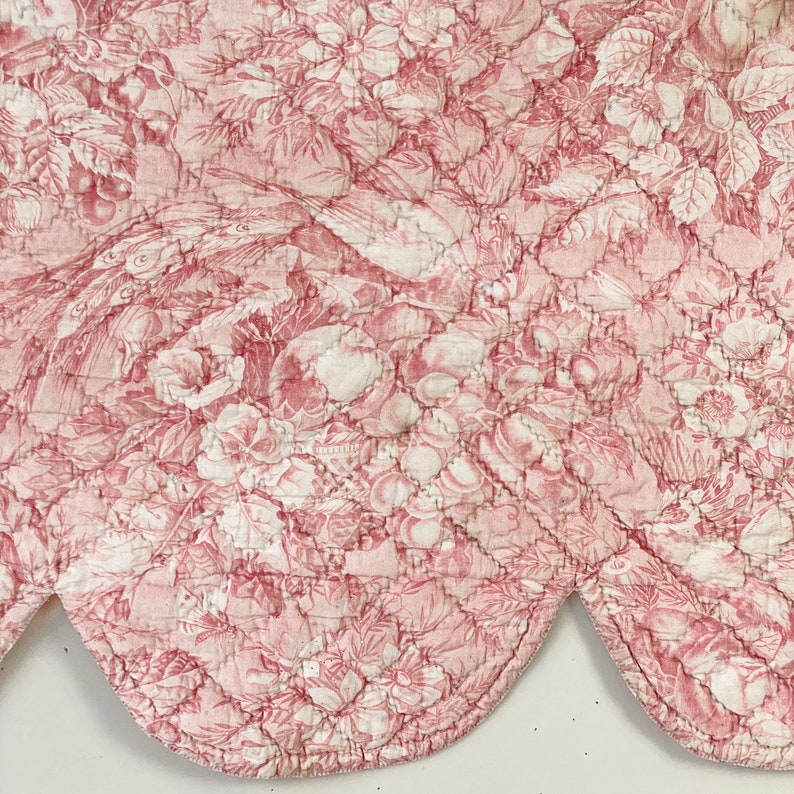 Antique valance quilted French toile d'Alsace France 1830 pink bird basket floral farmhouse cottage fabric material The Textile Trunk image 6