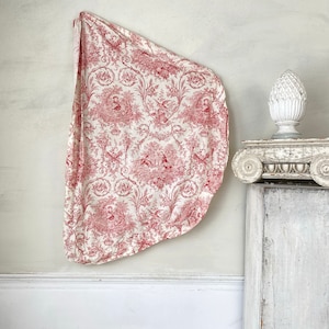 PATCHED hemp TIMEWORN Antique French toile de Jouy Ciel de lit topper fabric red white 19th century The Textile Trunk  country farmhouse