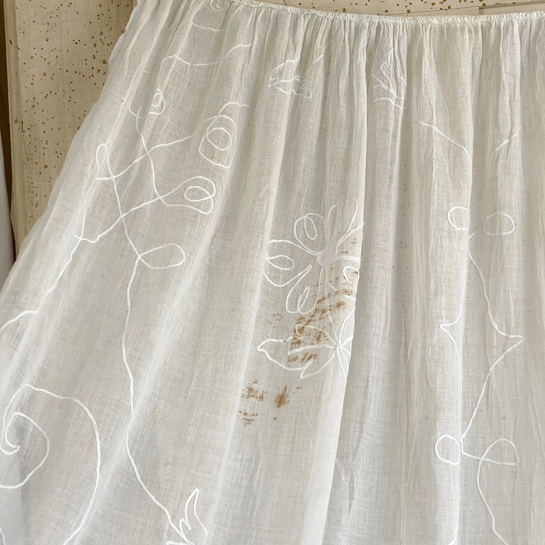 White Antique muslin curtain tambour lace applique 1800's drapeUnique window treatment image 10