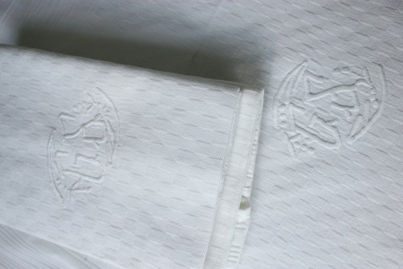 Holiday Napkins Vintage French set of 4 large white napkins hand stitched GS monogram cotton damask