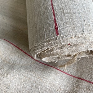 Red hand woven striped vintage Farmhouse  stripe  table runner fabric material c1800&#39;s ~ hand woven linen Europe grain sack grainsack stripe