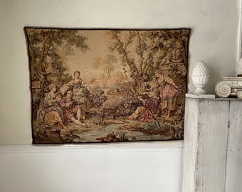 55x40 tapestry Jacquard weave c1920 French Romantic scene bucolic wall hanging