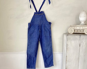 MOLESKIN Vintage Overalls French Blue Denim 1950s 36 inch waist Cotton Pockets French Workwear Work Wear Chore Wear Coastal home