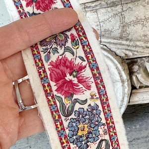 Franse 1825 Bloemen stoffen rand handgemaakte hand blok bedrukte rand Elzas ontwerp bloemen landelijke boerderij interieur ontwerp milieuvriendelijk