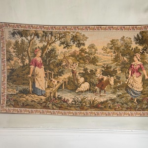 65x32 Vintage Tapestry French wall art hanging textile trunk Castle Castlecore shabby cottage farmhouse chateau home decor style verdure dog