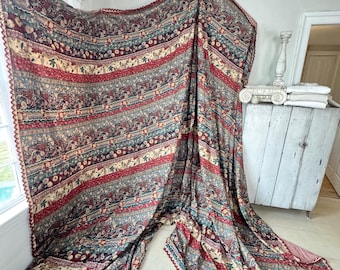 1  HUGE 140x110 french vintage bed curtain panel small scale floral stripe chateau chic shabby rustic home decor wall art 4 poster bed