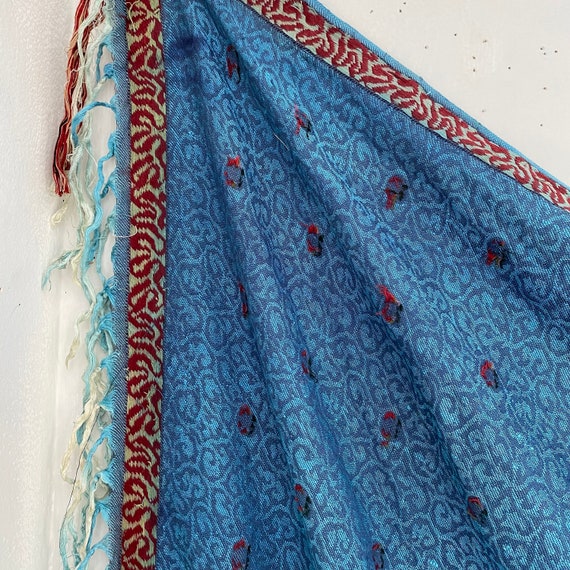 Antique French silk shawl Blue AMAZING printed fa… - image 8