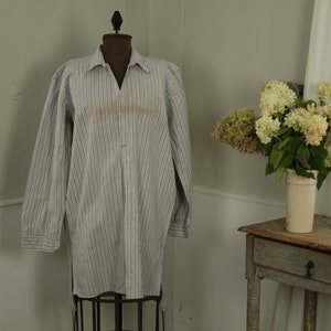 Men&#39;s striped shirt circa 1930 cotton button down open neck Work Wear French purple blue and white stripes Coastal home  Boho steampunk